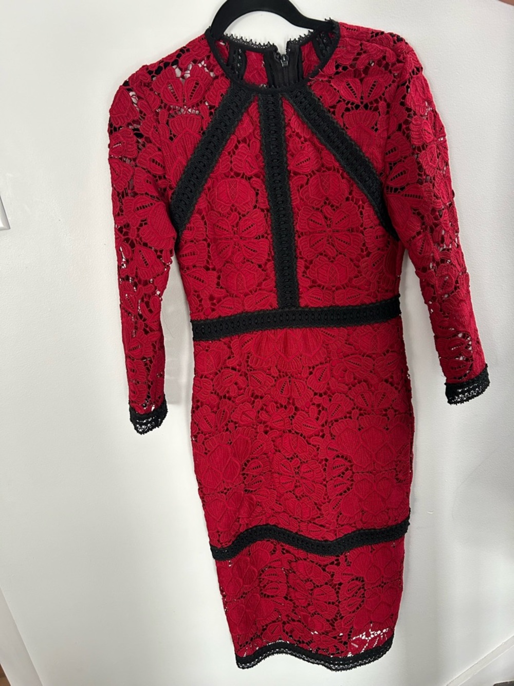 Alexis Red Lace Long Sleeve Sheath Dress with Black Trim Accents